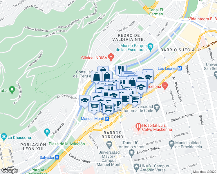 map of restaurants, bars, coffee shops, grocery stores, and more near 1635 Pérez Valenzuela in Providencia