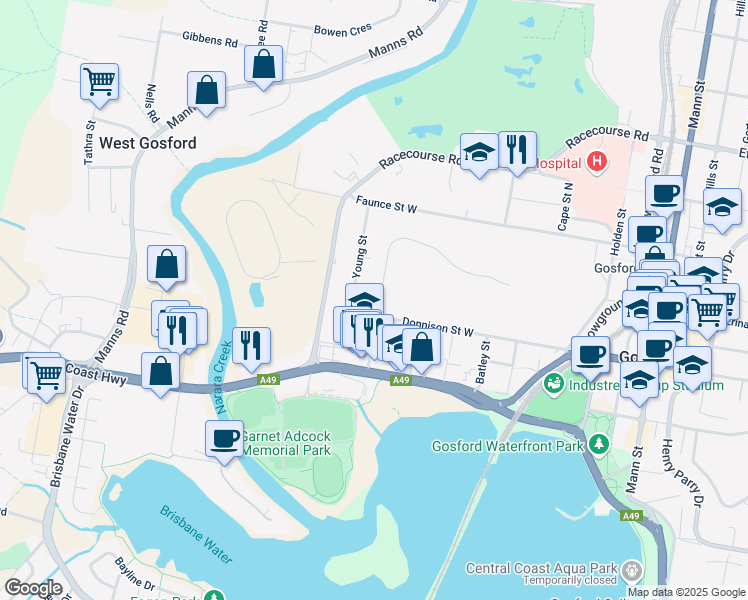 map of restaurants, bars, coffee shops, grocery stores, and more near 24 Hely Street in West Gosford