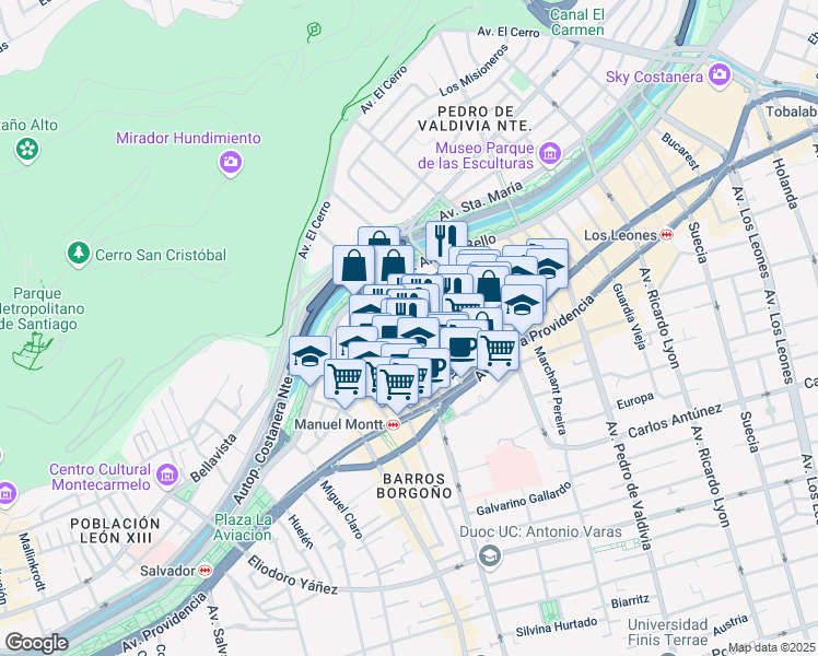 map of restaurants, bars, coffee shops, grocery stores, and more near 290 Antonio Bellet in Santiago