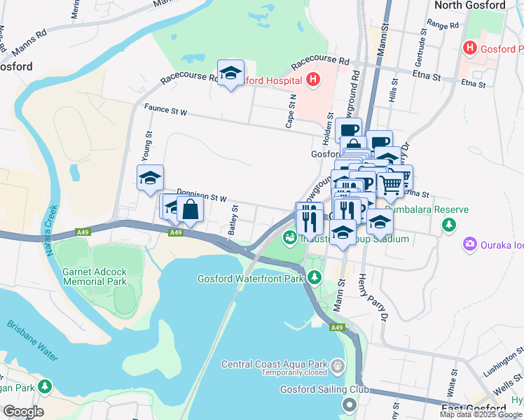 map of restaurants, bars, coffee shops, grocery stores, and more near 63 Donnison Street West in Gosford