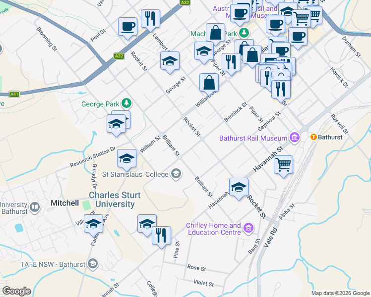 map of restaurants, bars, coffee shops, grocery stores, and more near 259 Bentinck Street in Bathurst
