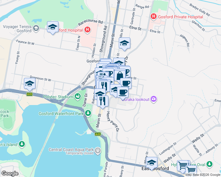 map of restaurants, bars, coffee shops, grocery stores, and more near 118 Donnison Street in Gosford