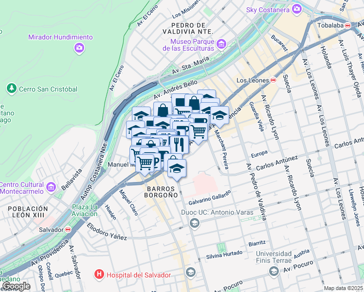map of restaurants, bars, coffee shops, grocery stores, and more near 13 Antonio Bellet in Santiago