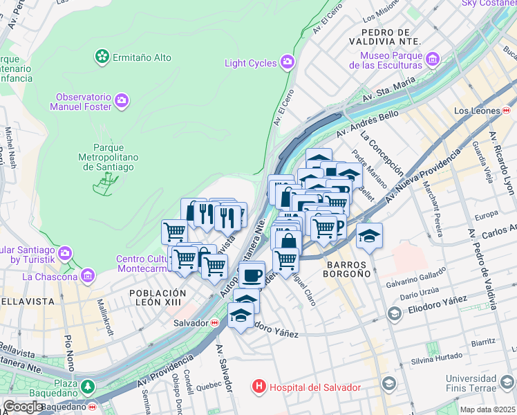 map of restaurants, bars, coffee shops, grocery stores, and more near 936 Avenida Santa María in Providencia