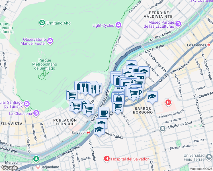 map of restaurants, bars, coffee shops, grocery stores, and more near 936 Avenida Santa María in Providencia