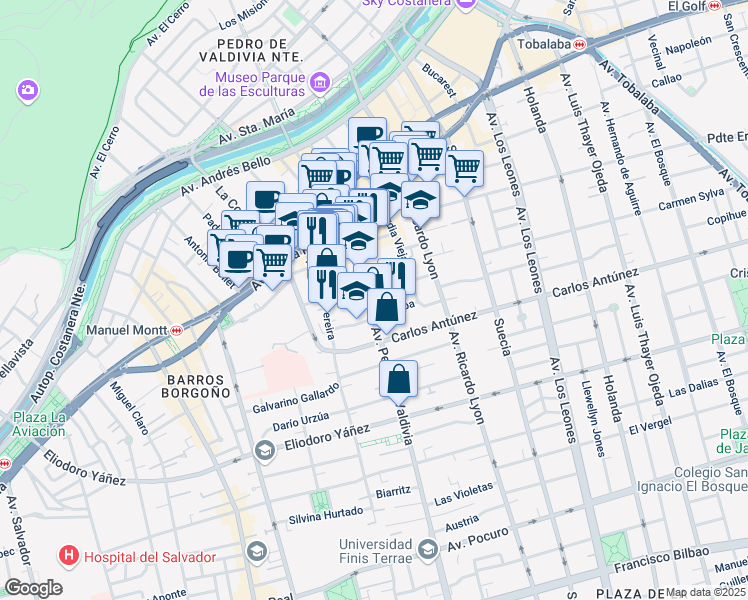 map of restaurants, bars, coffee shops, grocery stores, and more near 428 Avenida Pedro de Valdivia in Providencia