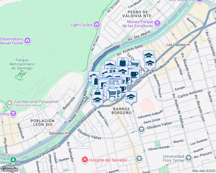 map of restaurants, bars, coffee shops, grocery stores, and more near 150 Almirante Pastene in Santiago
