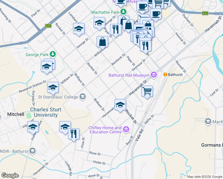 map of restaurants, bars, coffee shops, grocery stores, and more near 186 Seymour Street in Bathurst