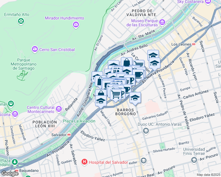 map of restaurants, bars, coffee shops, grocery stores, and more near 150 Almirante Pastene in Santiago