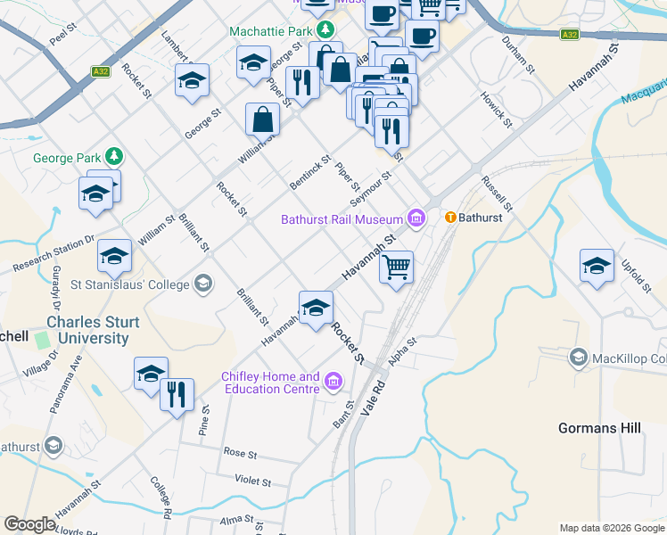 map of restaurants, bars, coffee shops, grocery stores, and more near 42 Lambert Street in Bathurst
