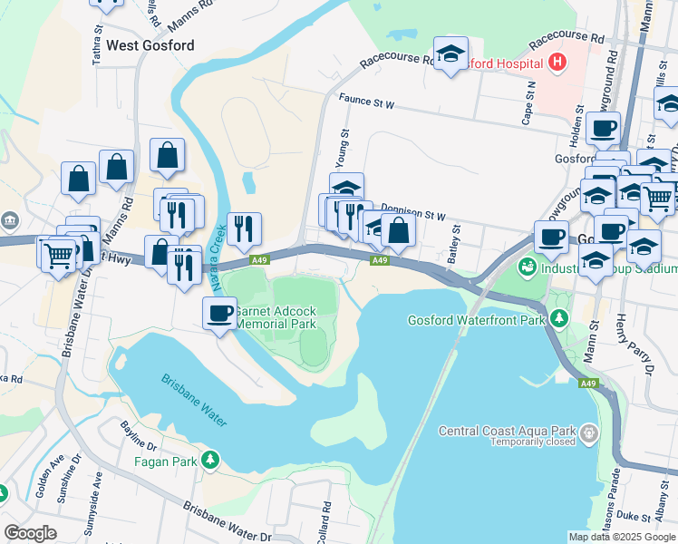 map of restaurants, bars, coffee shops, grocery stores, and more near 2 Adcock Avenue in West Gosford