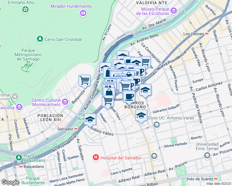 map of restaurants, bars, coffee shops, grocery stores, and more near 1232 Avenida Providencia in Providencia