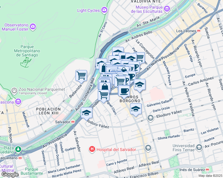 map of restaurants, bars, coffee shops, grocery stores, and more near 1232 Avenida Providencia in Providencia