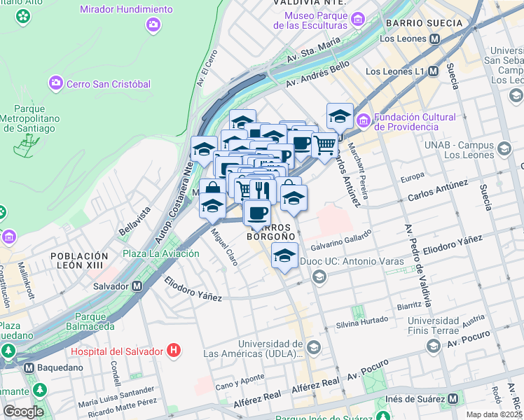 map of restaurants, bars, coffee shops, grocery stores, and more near in Providencia