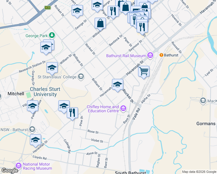 map of restaurants, bars, coffee shops, grocery stores, and more near 189 Havannah Street in Bathurst