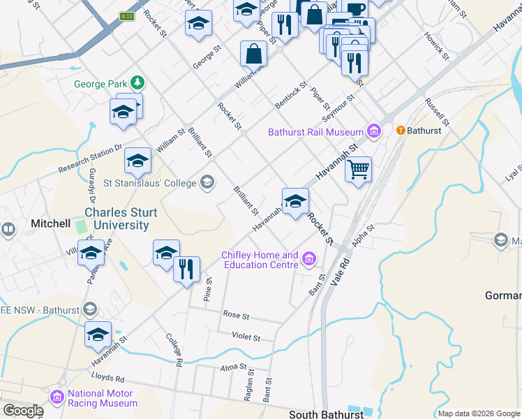 map of restaurants, bars, coffee shops, grocery stores, and more near 53 Brilliant Street in Bathurst