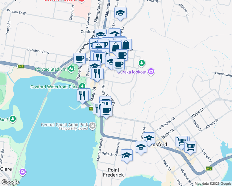 map of restaurants, bars, coffee shops, grocery stores, and more near 97-99 John Whiteway Drive in Gosford