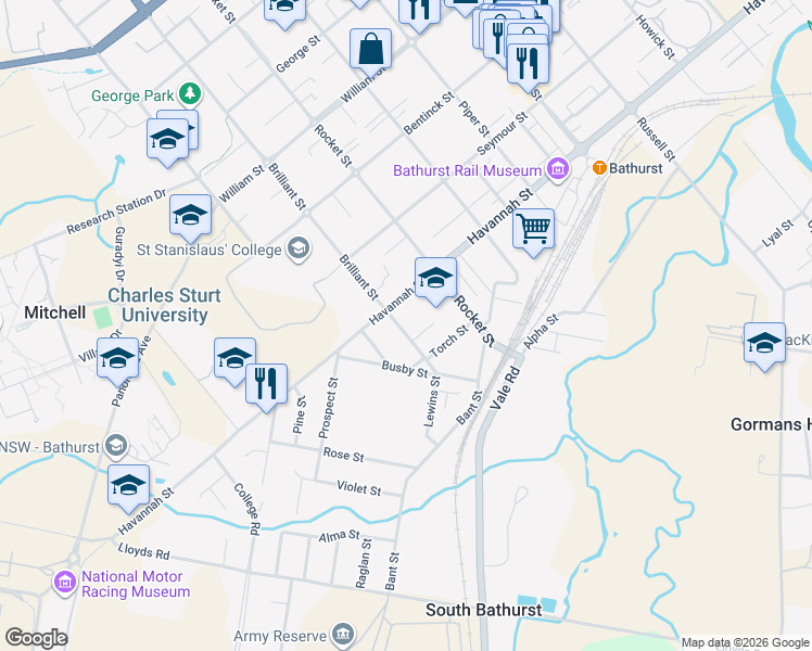 map of restaurants, bars, coffee shops, grocery stores, and more near 27 Brilliant Street in South Bathurst