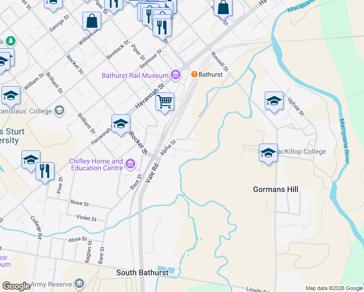 map of restaurants, bars, coffee shops, grocery stores, and more near 53 Carlingford Street in Bathurst