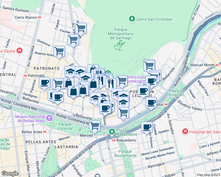 map of restaurants, bars, coffee shops, grocery stores, and more near 175 Fernando Márquez de La Plata in Providencia