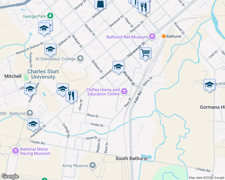 map of restaurants, bars, coffee shops, grocery stores, and more near 6 Brilliant Street in South Bathurst