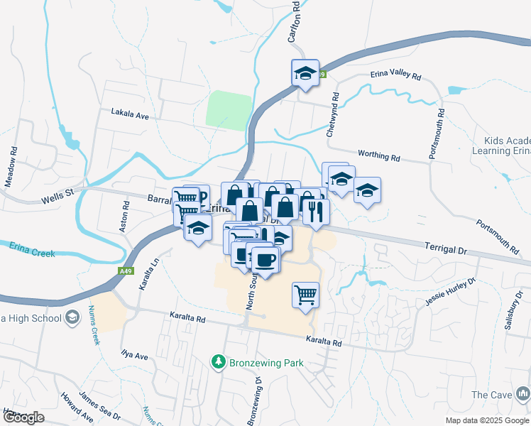 map of restaurants, bars, coffee shops, grocery stores, and more near 405 Terrigal Drive in Erina