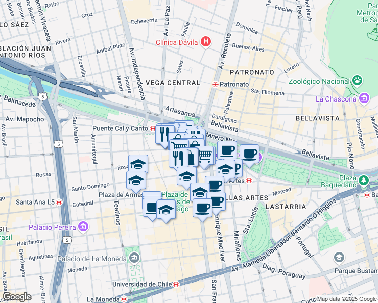 map of restaurants, bars, coffee shops, grocery stores, and more near 802 Diagonal Cervantes in Santiago