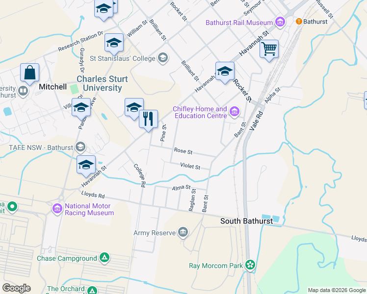 map of restaurants, bars, coffee shops, grocery stores, and more near 53 Rose Street in South Bathurst