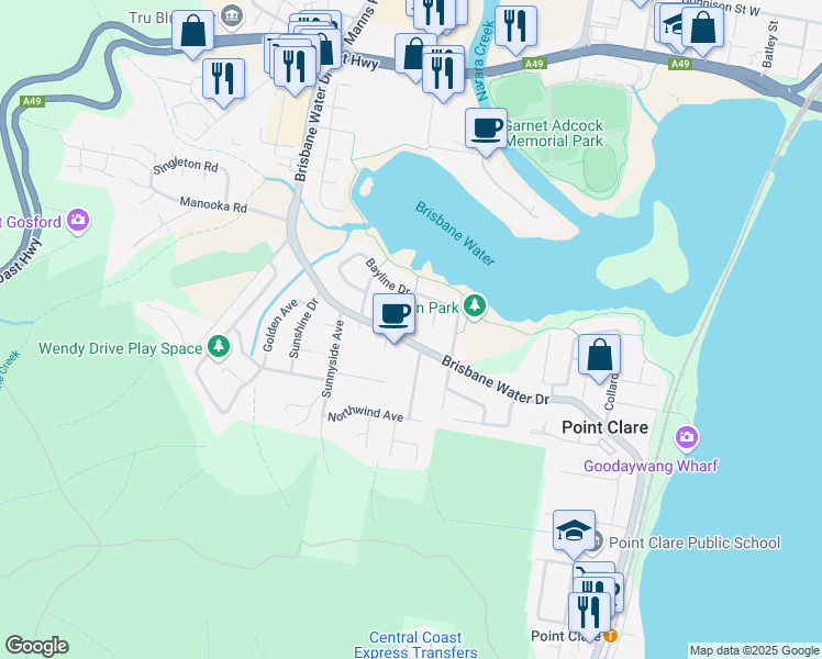 map of restaurants, bars, coffee shops, grocery stores, and more near 210A Brisbane Water Drive in Point Clare