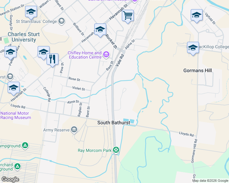 map of restaurants, bars, coffee shops, grocery stores, and more near 32 Vale Road in South Bathurst