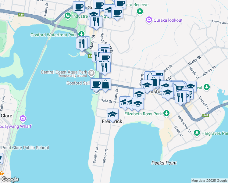 map of restaurants, bars, coffee shops, grocery stores, and more near 142 Albany Street in Point Frederick