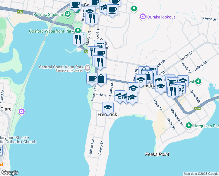 map of restaurants, bars, coffee shops, grocery stores, and more near 142 Albany Street in Point Frederick