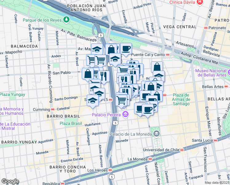 map of restaurants, bars, coffee shops, grocery stores, and more near 1584 Santo Domingo in Santiago