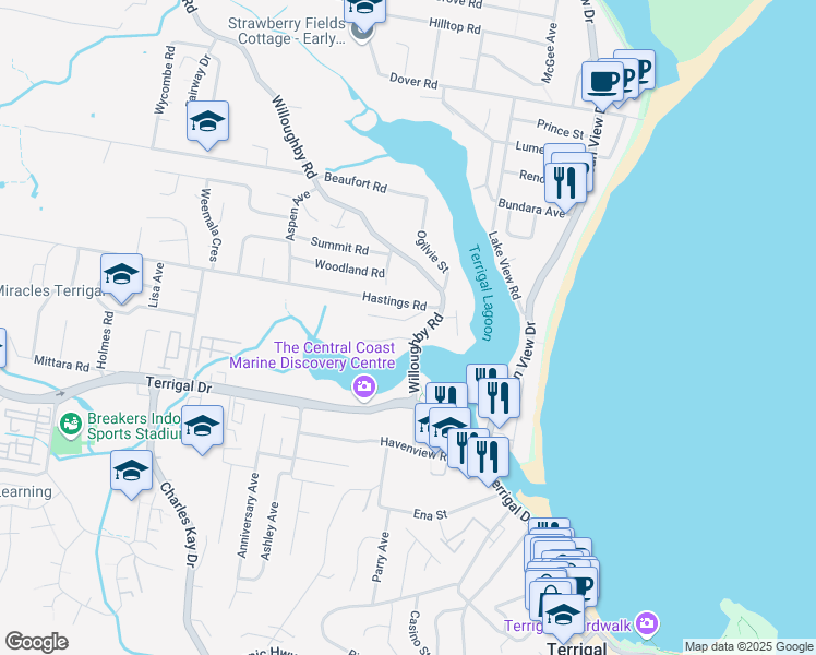 map of restaurants, bars, coffee shops, grocery stores, and more near 13 Sunrise Avenue in Terrigal