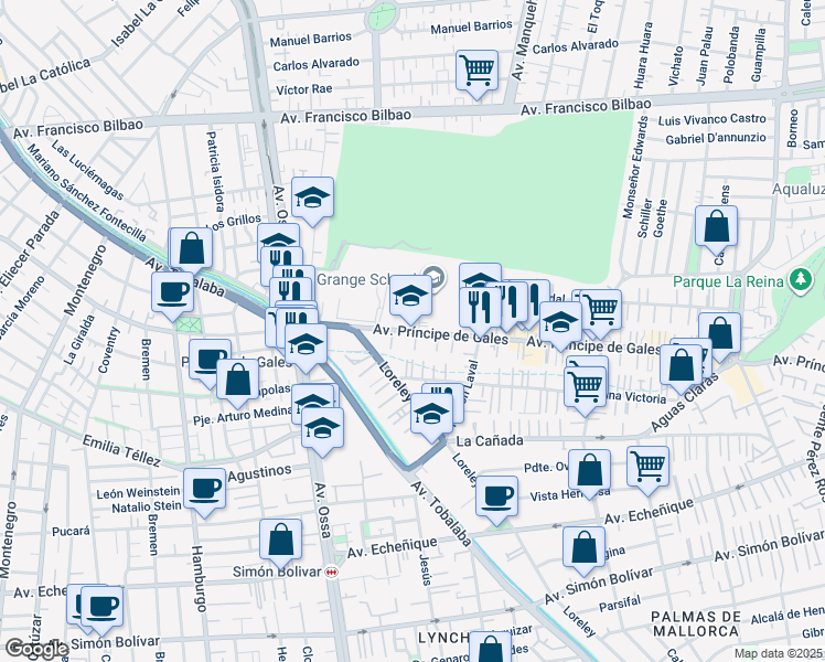 map of restaurants, bars, coffee shops, grocery stores, and more near 6154 Príncipe de Gales in Santiago