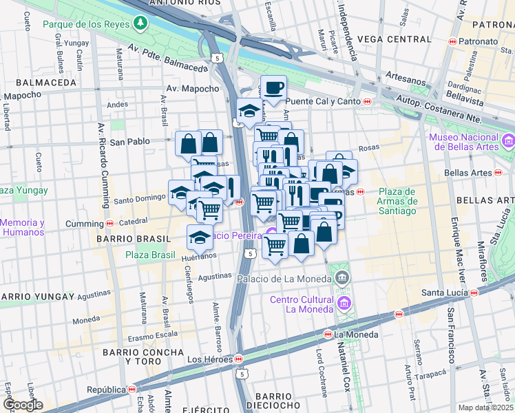 map of restaurants, bars, coffee shops, grocery stores, and more near 1575 Catedral in Santiago