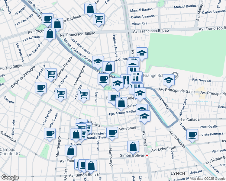 map of restaurants, bars, coffee shops, grocery stores, and more near 5210 Diego de Almagro in Santiago