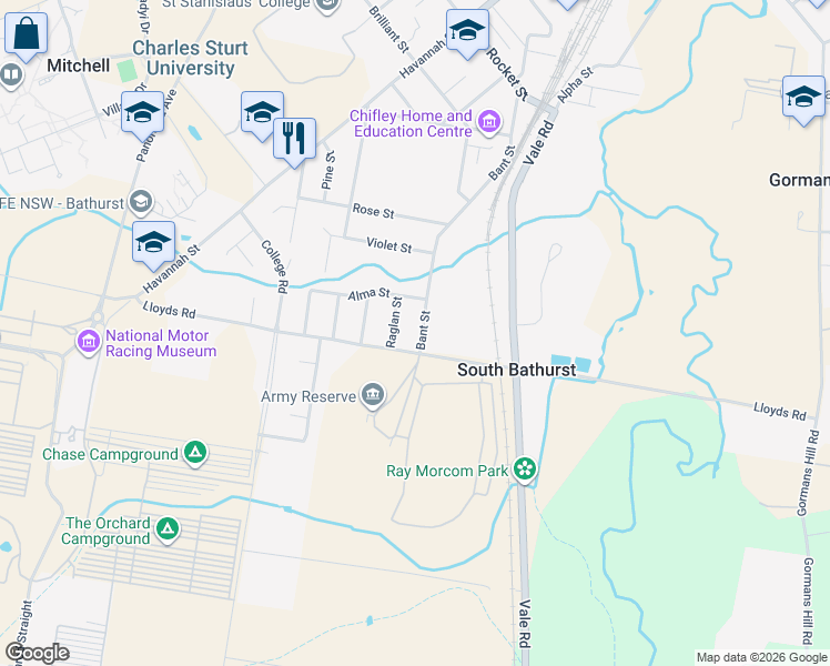 map of restaurants, bars, coffee shops, grocery stores, and more near 123 Bant Street in South Bathurst