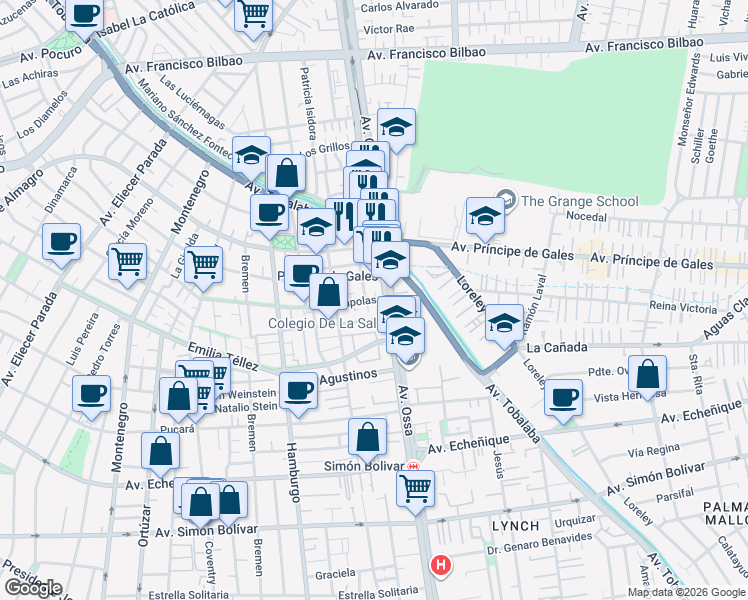 map of restaurants, bars, coffee shops, grocery stores, and more near 5565 Amapolas in Ñuñoa