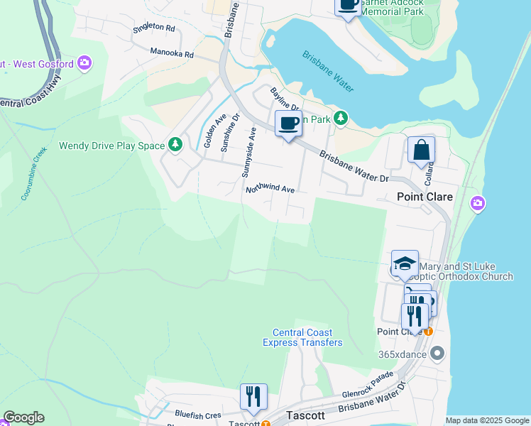 map of restaurants, bars, coffee shops, grocery stores, and more near 8 Coral Tree Place in Point Clare