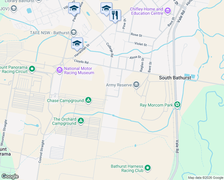 map of restaurants, bars, coffee shops, grocery stores, and more near 11 Arunta Street in South Bathurst
