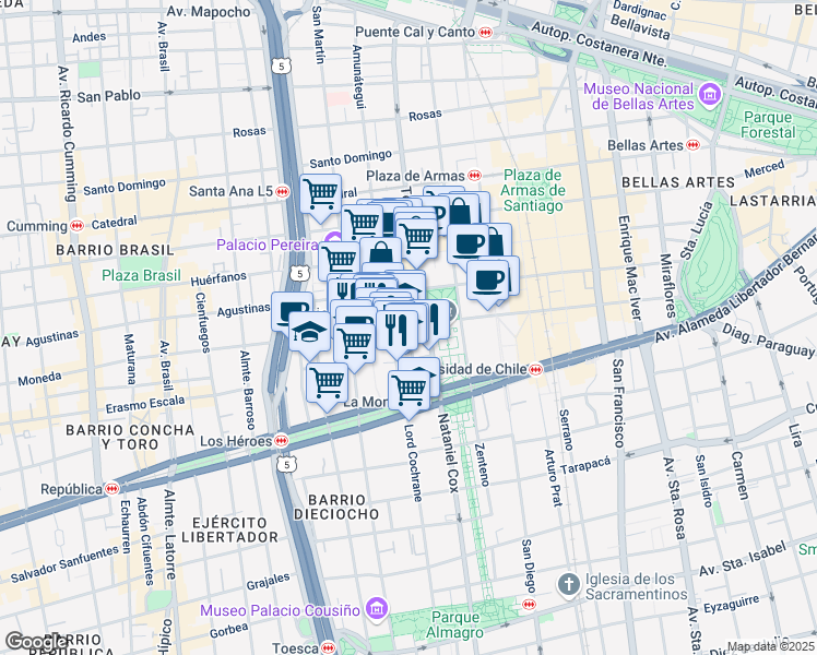 map of restaurants, bars, coffee shops, grocery stores, and more near 1326 Moneda in Santiago