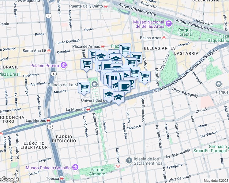 map of restaurants, bars, coffee shops, grocery stores, and more near in Santiago