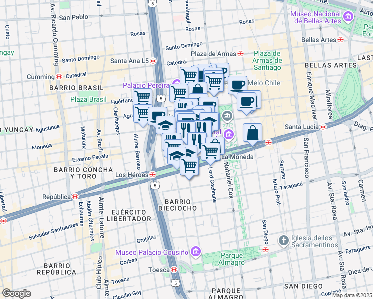 map of restaurants, bars, coffee shops, grocery stores, and more near 35 San Martín in Santiago