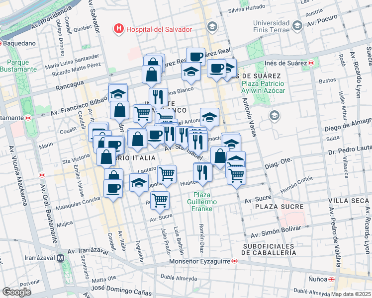 map of restaurants, bars, coffee shops, grocery stores, and more near 1001 Santa Isabel in Providencia