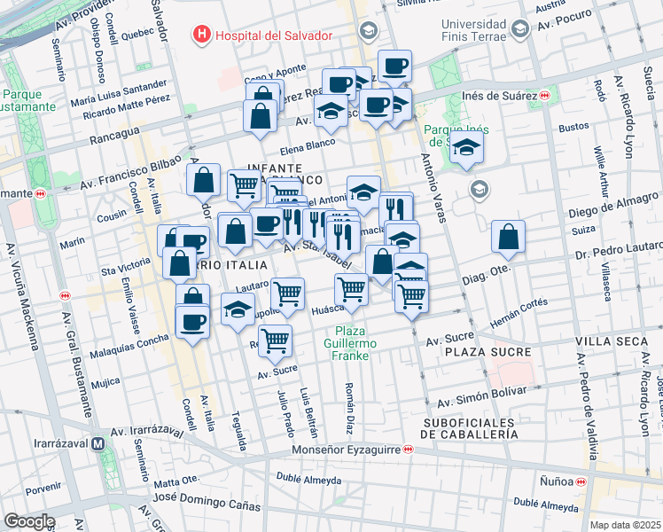 map of restaurants, bars, coffee shops, grocery stores, and more near 1001 Santa Isabel in Providencia