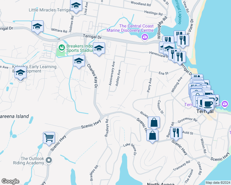 map of restaurants, bars, coffee shops, grocery stores, and more near 49 Ashley Avenue in Terrigal