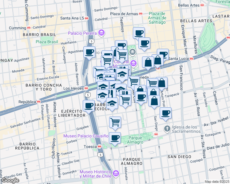 map of restaurants, bars, coffee shops, grocery stores, and more near 1465 Padre Alonso de Ovalle in Santiago