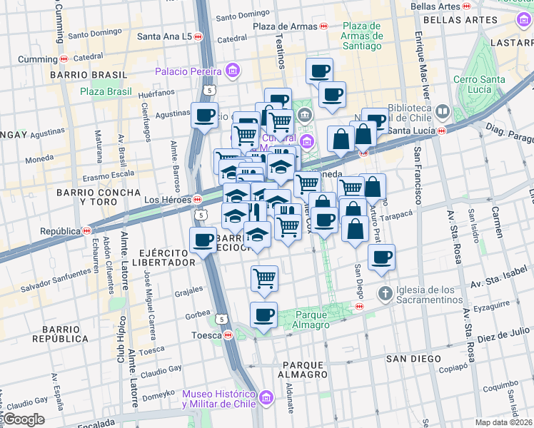 map of restaurants, bars, coffee shops, grocery stores, and more near 1465 Padre Alonso de Ovalle in Santiago