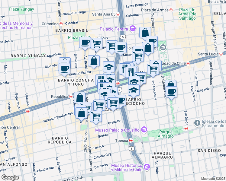 map of restaurants, bars, coffee shops, grocery stores, and more near 1750 Libertador Bernardo O Higgins in Santiago